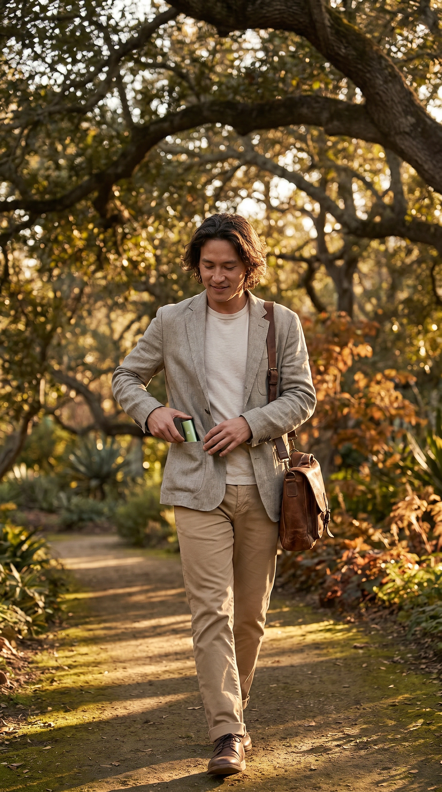 A person slipping the pocket-sized PAX FOUR in Greenstone into a jacket pocket